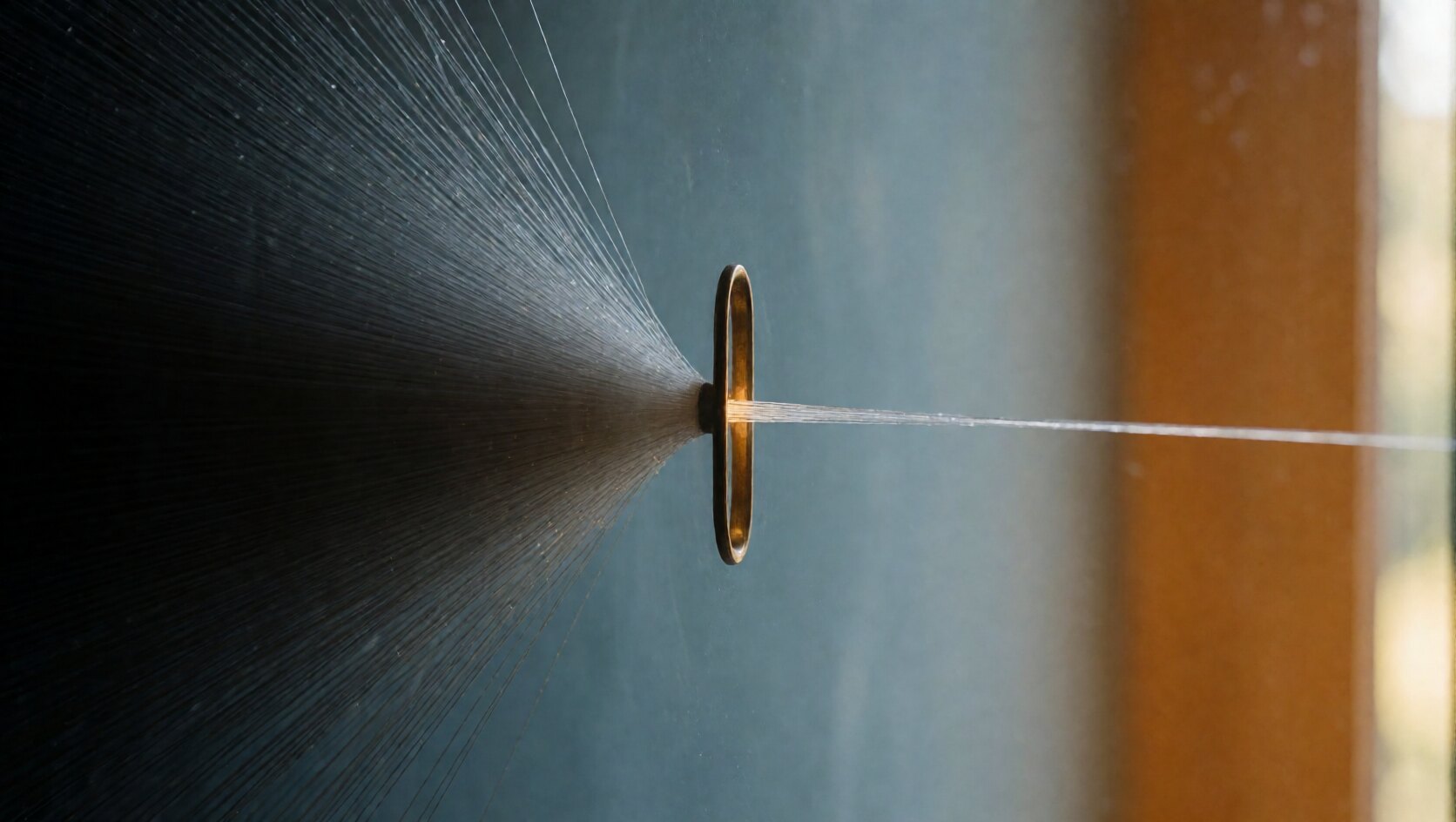 Unzählige feine Fasern laufen auf eine schmale Messingöffnung zu, nur ein dünner heller Strahl tritt auf der anderen Seite aus