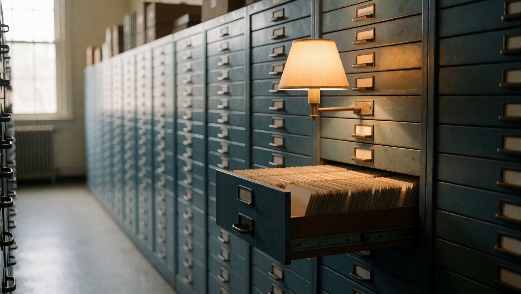Lange Reihe blauer Metallschubladen eines Archivs, eine Schublade geöffnet mit Karteikarten, darüber eine warme Lampe