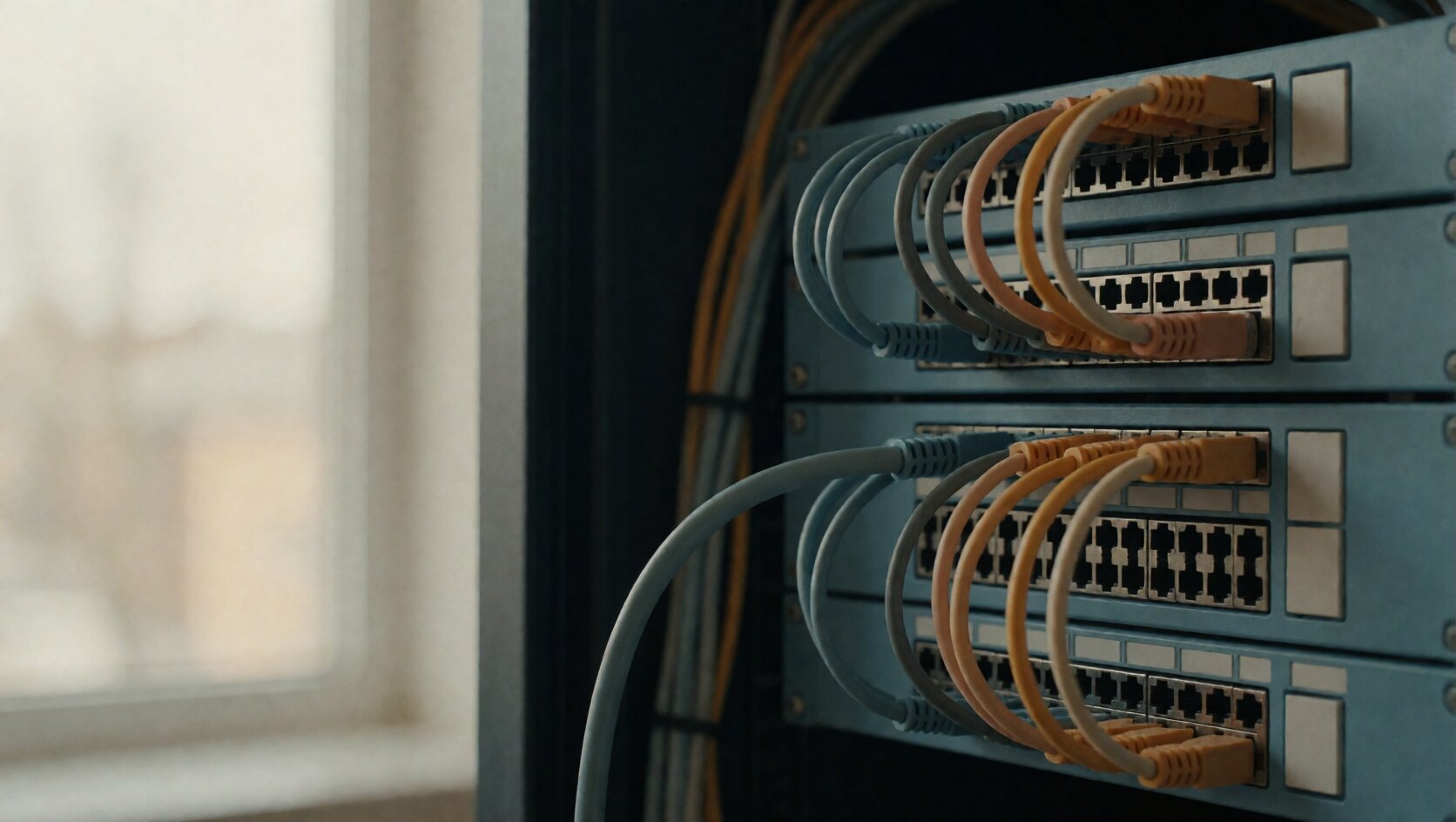 Patchfeld in einem Serverschrank mit sauber geführten Kabeln in gedeckten Farben, ein Kabel wird eingesteckt
